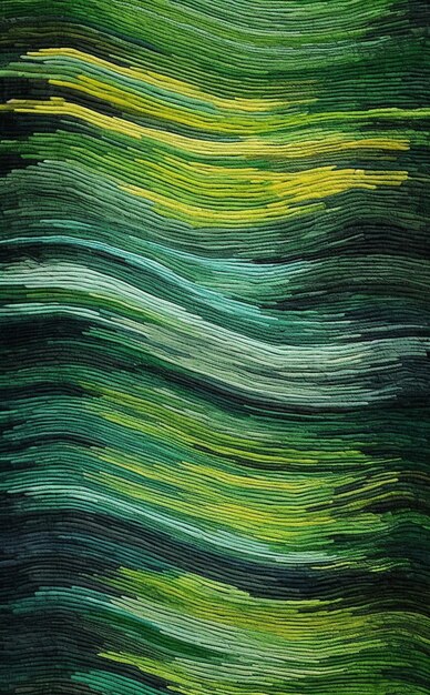 A painting of a green and yellow wave pattern on a black background generative ai