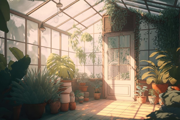 A painting of a greenhouse with a plant in the middle