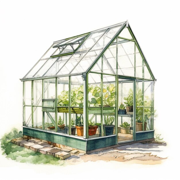 a painting of a greenhouse with potted plants inside of it generative ai