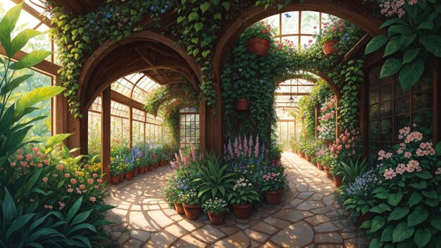 A painting of a greenhouse with a view of the garden.