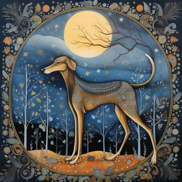 painting of a greyhound in a forest with a full moon in the background generative ai