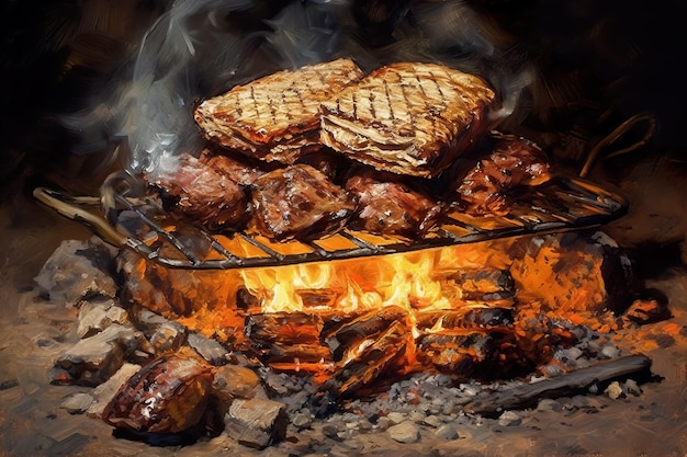 A painting of a grill with a burning fire