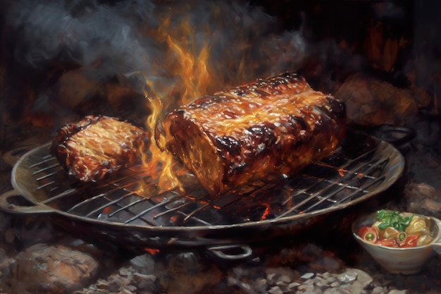 A painting of a grill with a piece of meat on it