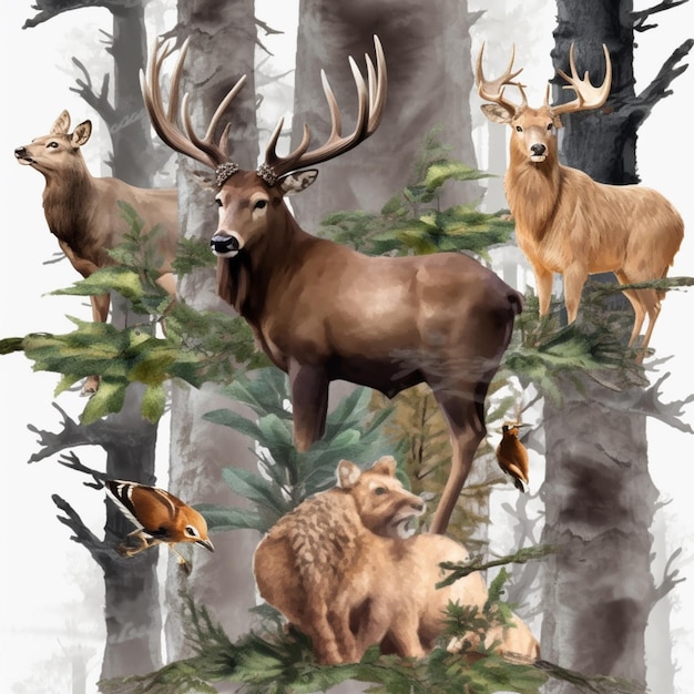 Foto un dipinto di un gruppo di animali in una foresta con un orso sul fondo.