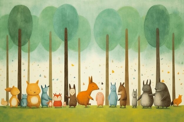 A painting of a group of animals in a forest