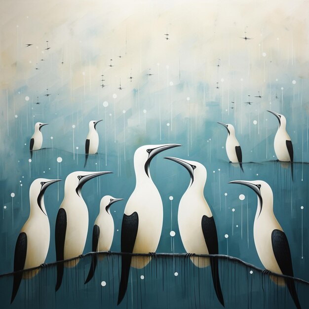 Photo painting of a group of birds sitting on a wire in the rain generative ai