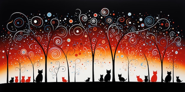 painting of a group of cats sitting in a forest with swirly trees generative ai