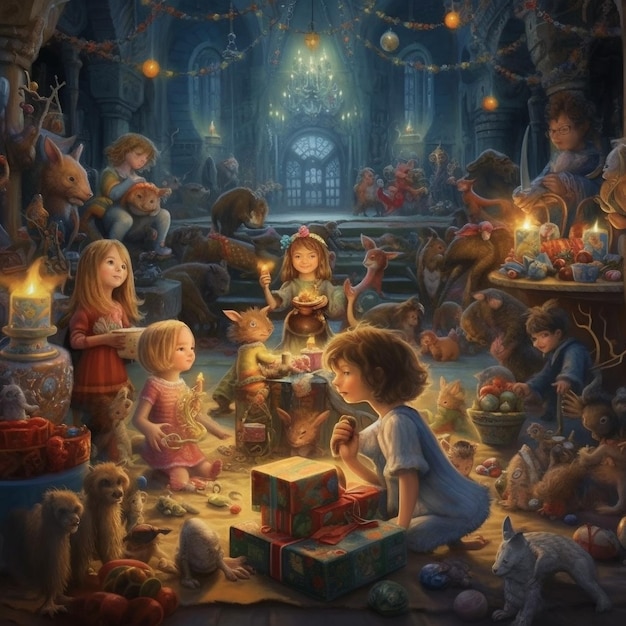 A painting of a group of children and a teddy bear.