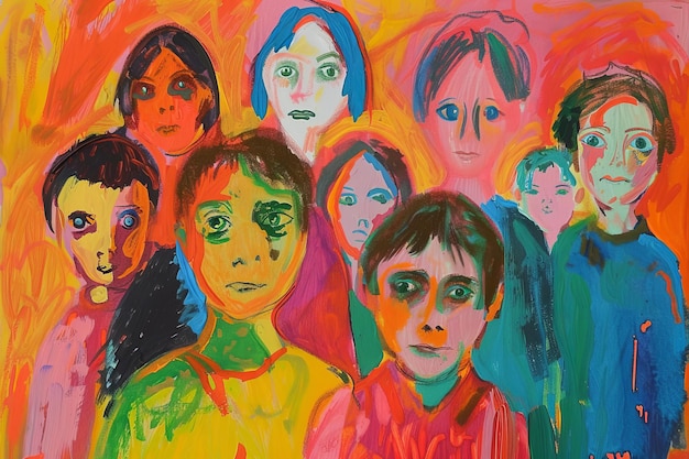 A painting of a group of children with their eyes closed