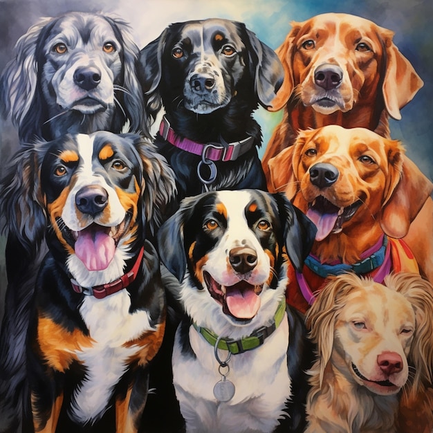 painting of a group of dogs with their heads turned to look like they are smiling generative ai