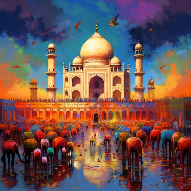 Painting of a group of elephants in front of a building generative ai