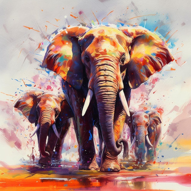 Painting of a group of elephants walking down a road with colorful paint splatters generative ai