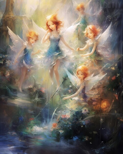 Painting of a group of fairy girls flying over a stream generative ai