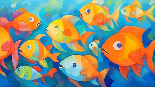 A painting of a group of fish in a blue ocean.