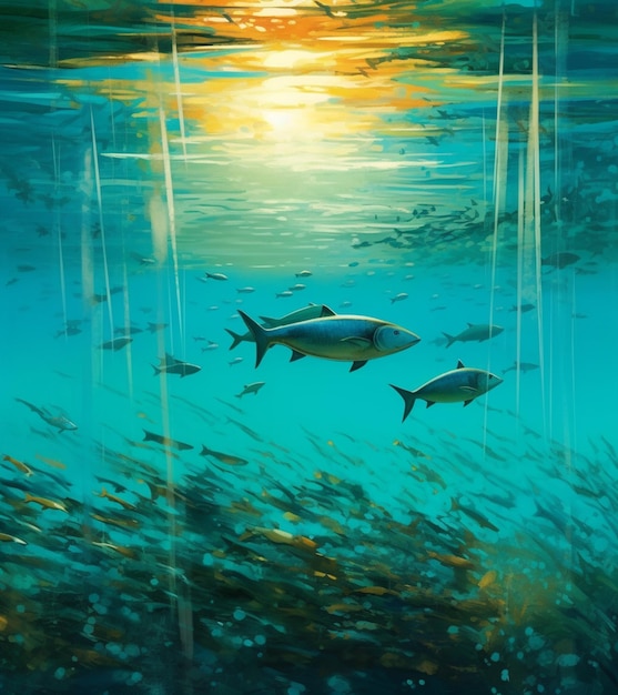Painting of a group of fish swimming in a body of water generative ai