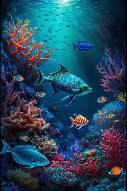 Painting of a group fish swimming in colorful coral reef generative ai