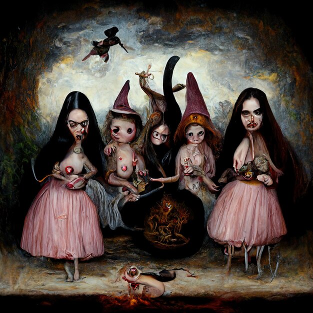 Photo a painting of a group of girls with a witch hat on