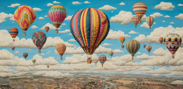 Painting of a group of hot air balloons flying through a cloudy sky generative ai