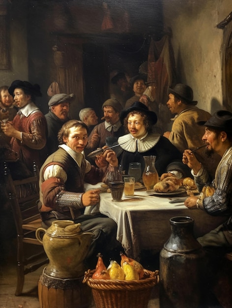 A painting of a group of men eating at a table.