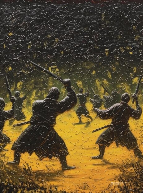 painting of a group of men in a field with swords generative ai