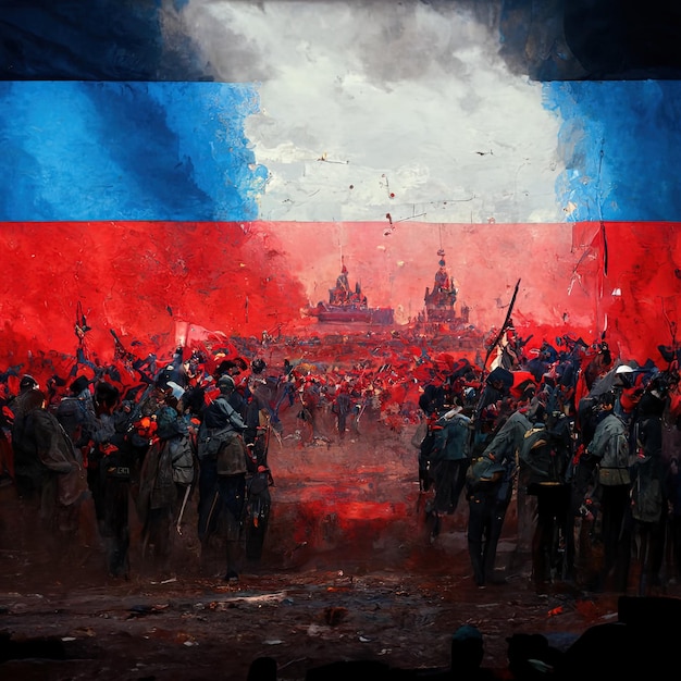 Photo a painting of a group of men in front of a red and blue flag