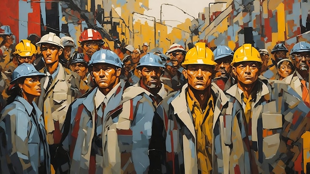 a painting of a group of men in hard hats