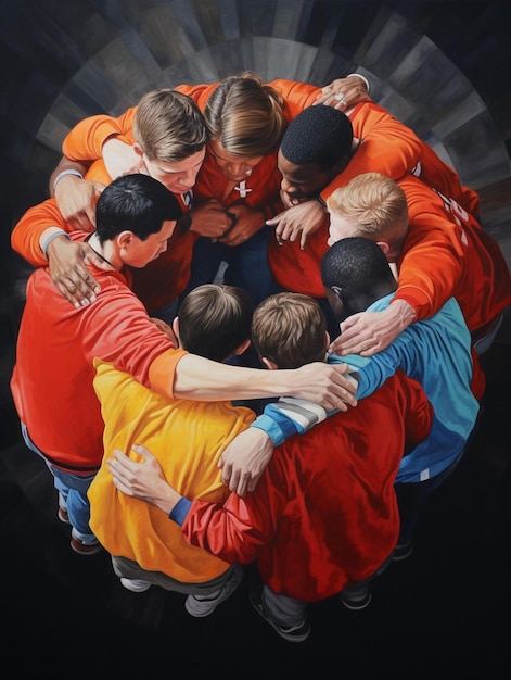 Premium AI Image | a painting of a group of men in orange shirts with ...