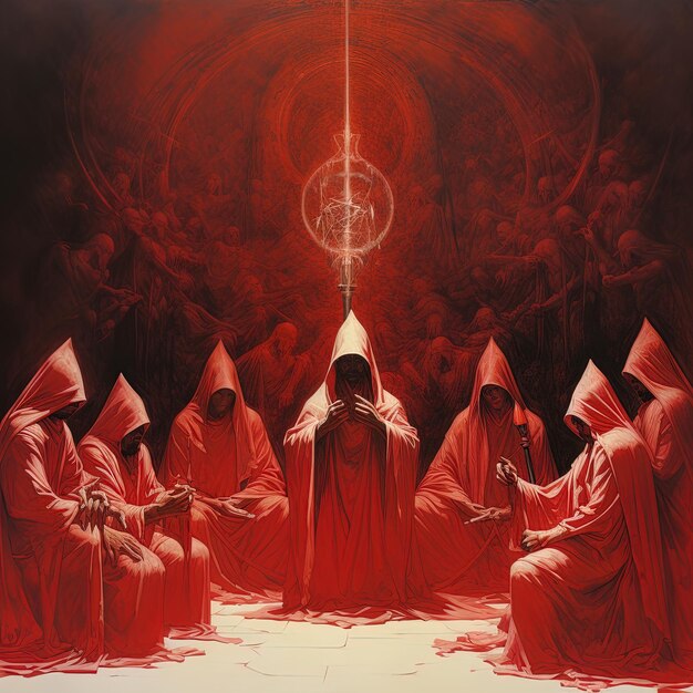 a painting of a group of men in red robes with a halo above them