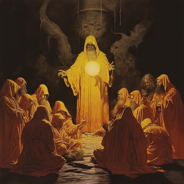 a painting of a group of men in robes with a light on the top of it