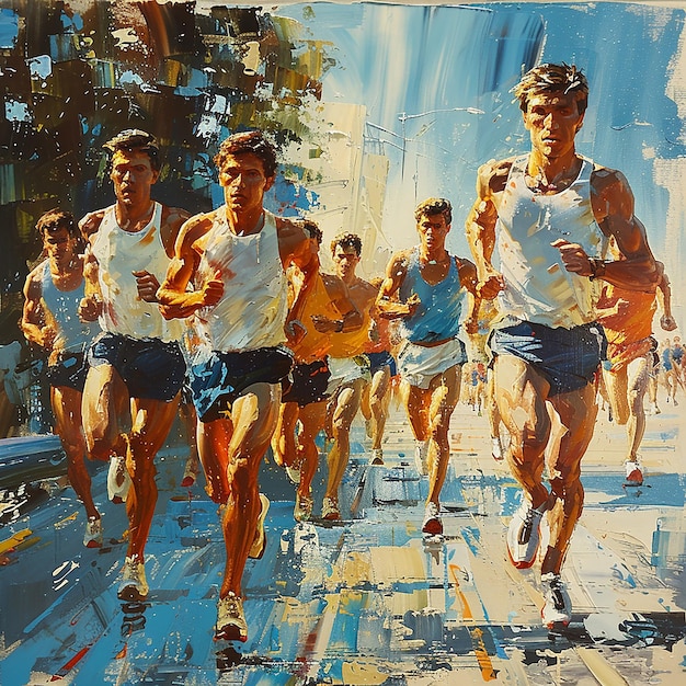 a painting of a group of men running in a race