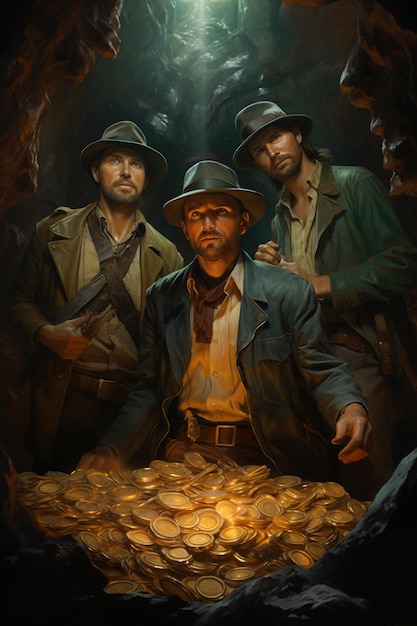 a painting of a group of men with hats and holding coins.