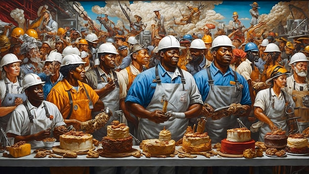 a painting of a group of men in work clothes