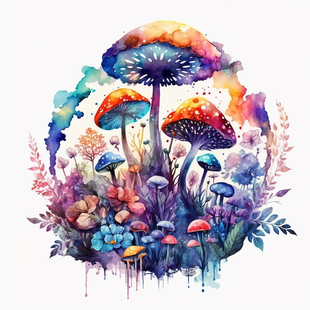 A painting of a group of mushrooms in a field with flowers generative ai