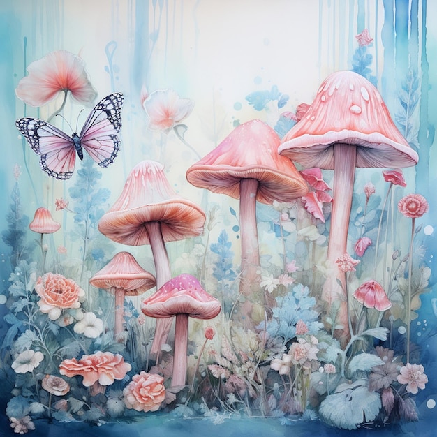 painting of a group of mushrooms and flowers with a butterfly generative ai