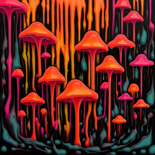 Photo painting of a group of mushrooms with dripping paint on them generative ai