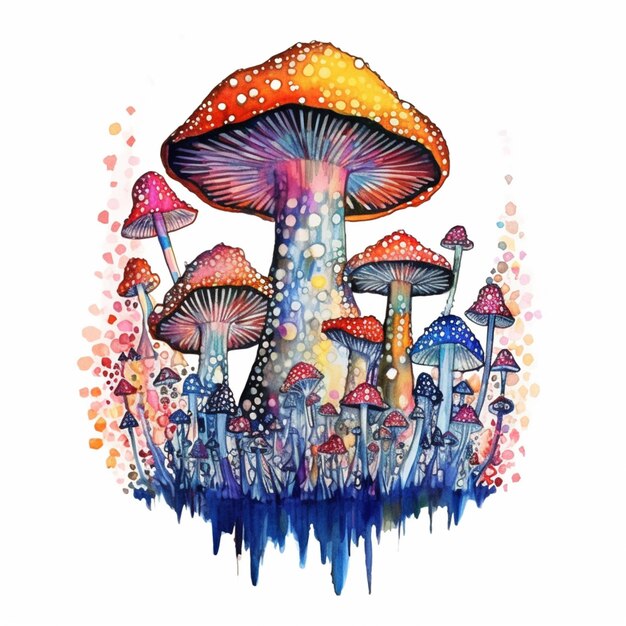 a painting of a group of mushrooms with a white background generative ai