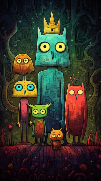 A painting of a group of owls and a cat standing in front of a castle generative ai