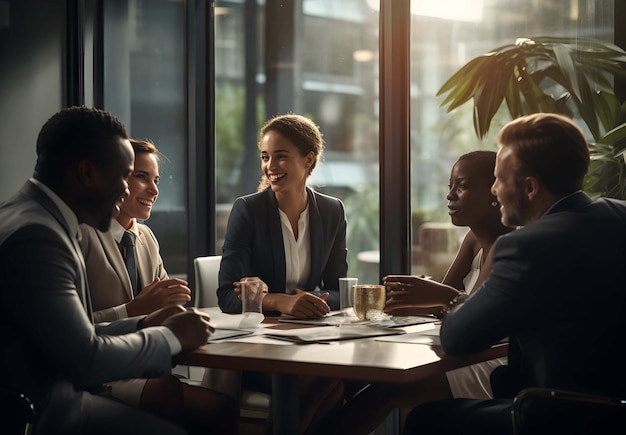 a painting of a group of people around a table with a man sitting at a table with a sign that says