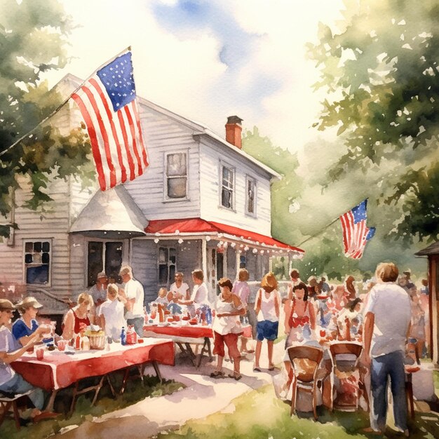 Painting of a group of people eating outside a house with an american flag generative ai