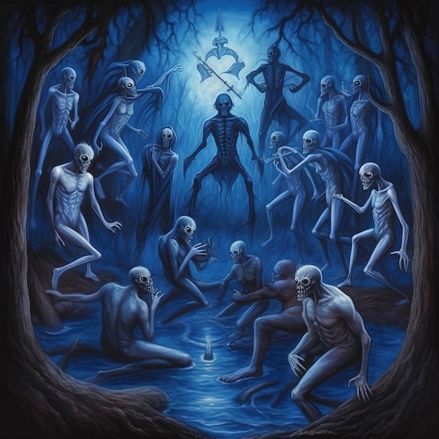 A painting of a group of people in a forest with a blue background and the words " the word " on the bottom.