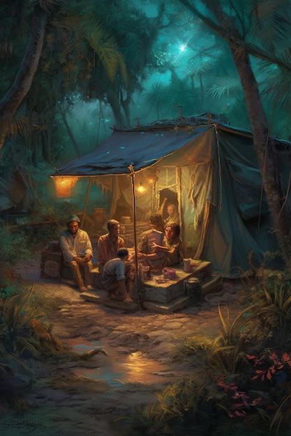 파란색 텐트와 불이 켜진 램프가 있는 정글에 있는 한 무리의 사람들을 그린 그림.