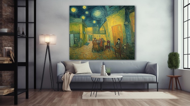 A painting of a group of people in a living room.