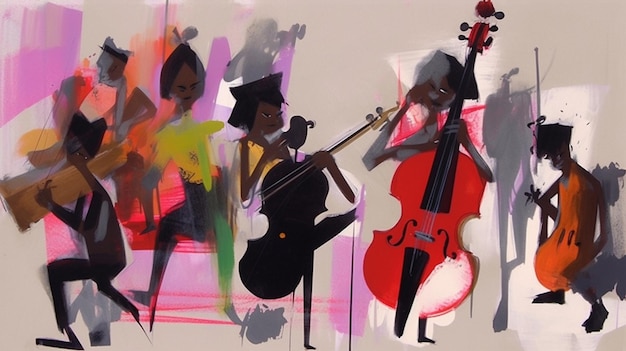 A painting of a group of people playing music.