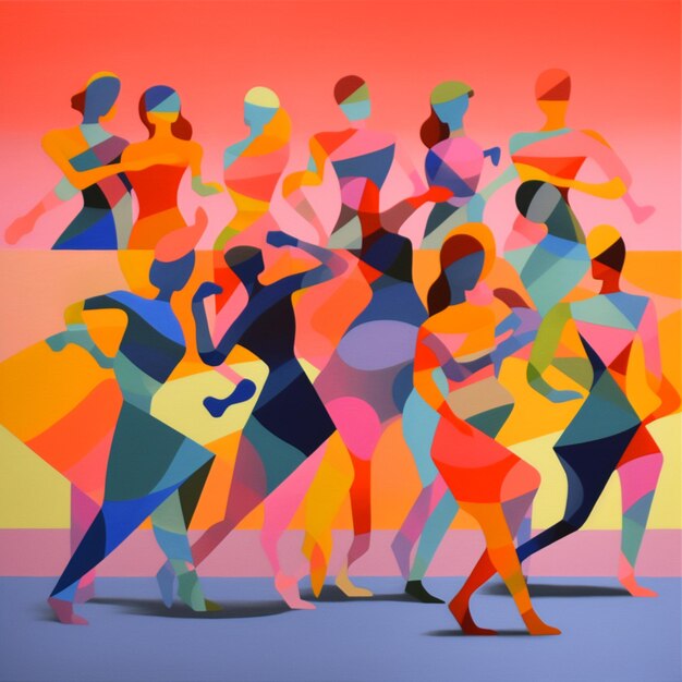 painting of a group of people running in a line generative ai