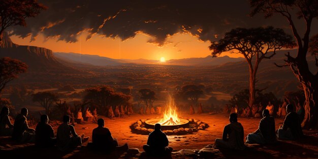 Painting of a group of people sitting around a campfire generative ai