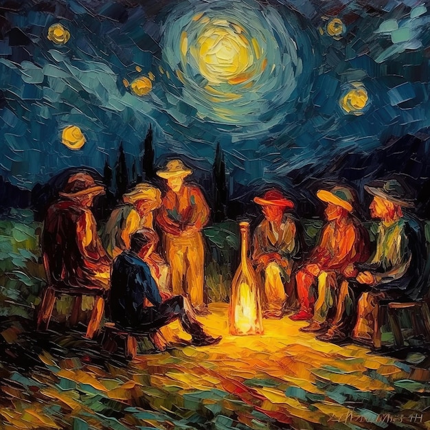 A painting of a group of people sitting around a campfire.