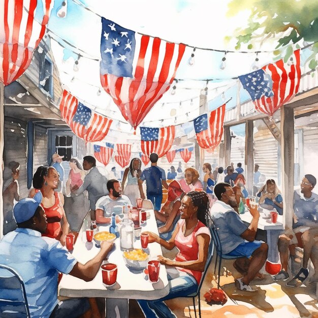 Painting of a group of people sitting at a table with american flags generative ai