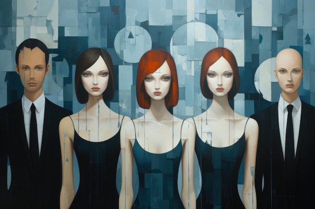 A painting of a group of people standing next to each other ai