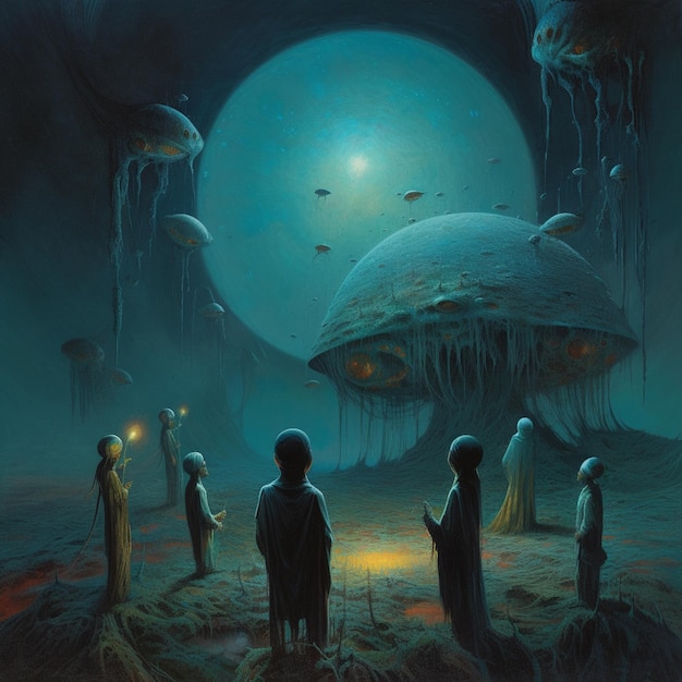 painting of a group of people standing in front of a giant alien ship generative ai