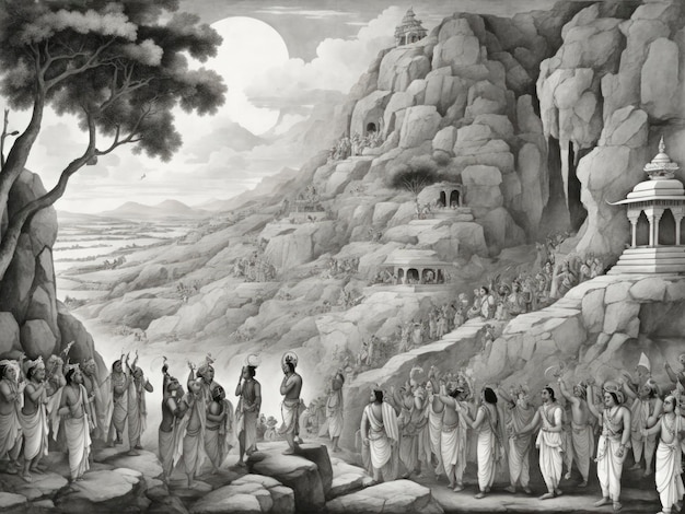 a painting of a group of people standing in front of a mountain